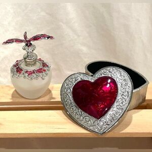 Dragonfly Perfume Bottle & Silver Tone w Red Enamel Heart Jewelry Box Vanity Set